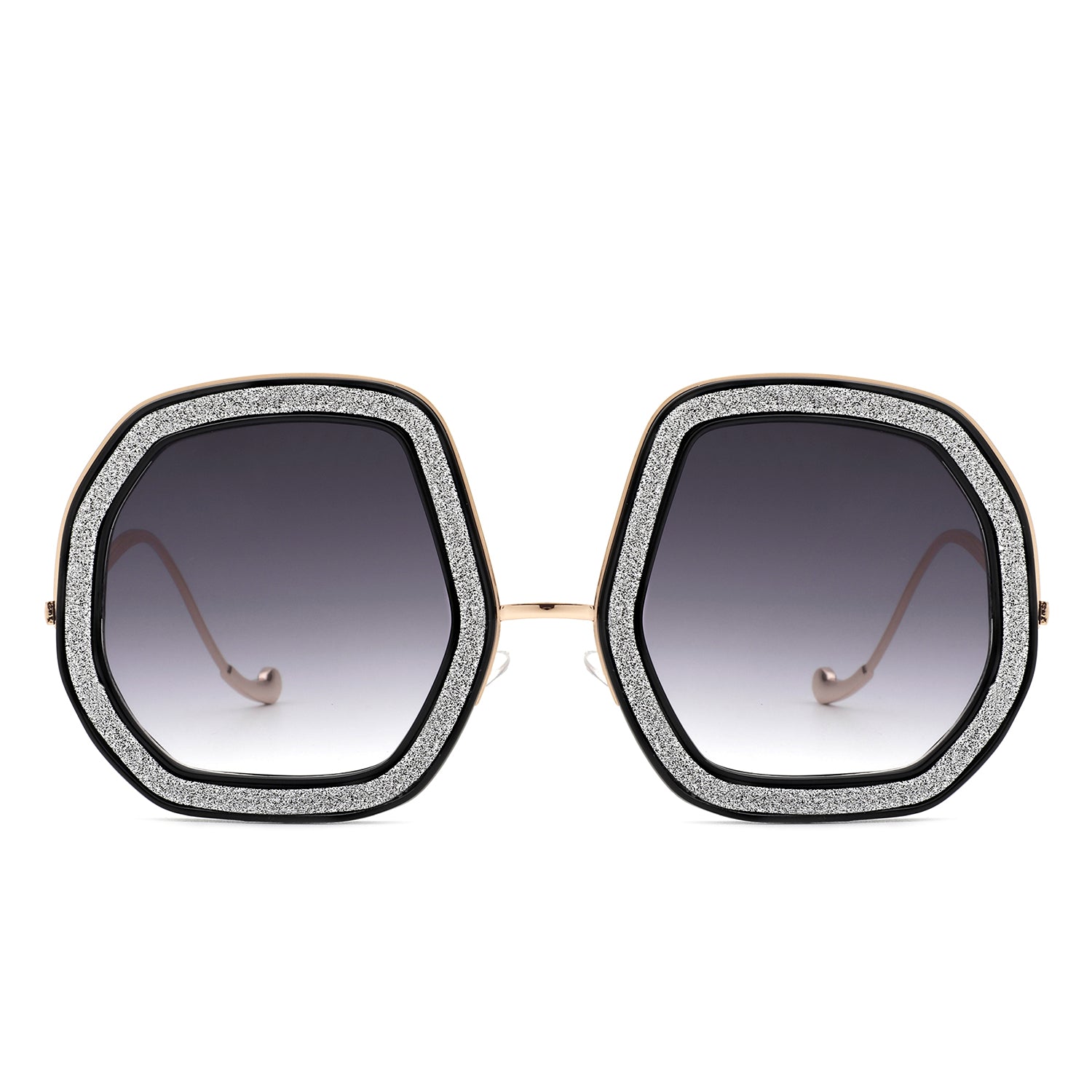 Xanadawn by Cramilo Eyewear: Women’s round irregular geometric sunglasses with brown glitter frames and gradient lenses.