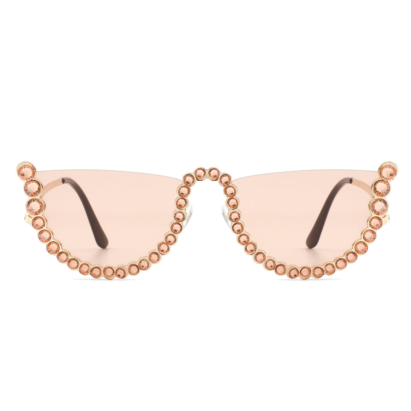 The Florinda Women Half Frame Rhinestone Round Fashion Sunglasses by Cramilo Eyewear feature rhinestones on the frame and temples, available in a golden color.