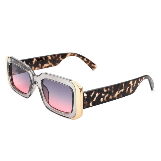 Cramilo Eyewears Quixotic sunglasses feature rectangular brown tortoise frames with gradient pink lenses and gold corner accents.