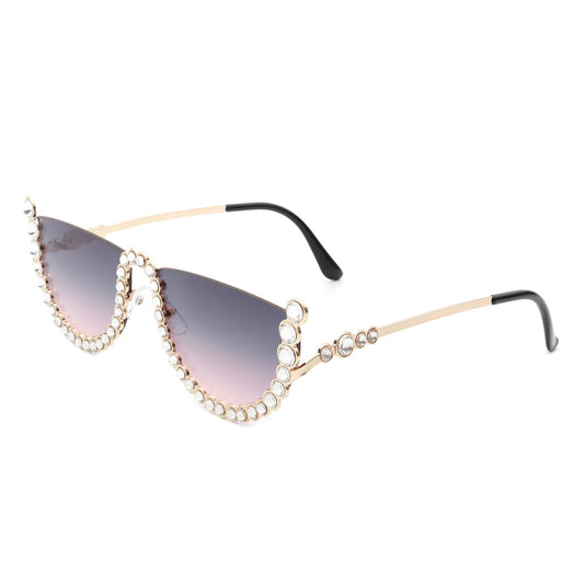 The Florinda Women Half Frame Rhinestone Round Fashion Sunglasses by Cramilo Eyewear feature rhinestones on the frame and temples, available in a golden color.