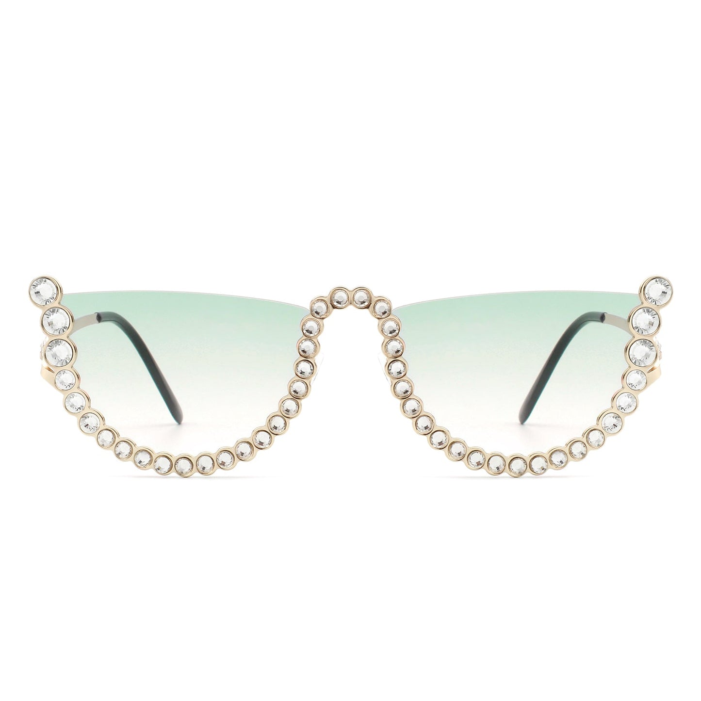 The Florinda Women Half Frame Rhinestone Round Fashion Sunglasses by Cramilo Eyewear feature rhinestones on the frame and temples, available in a golden color.