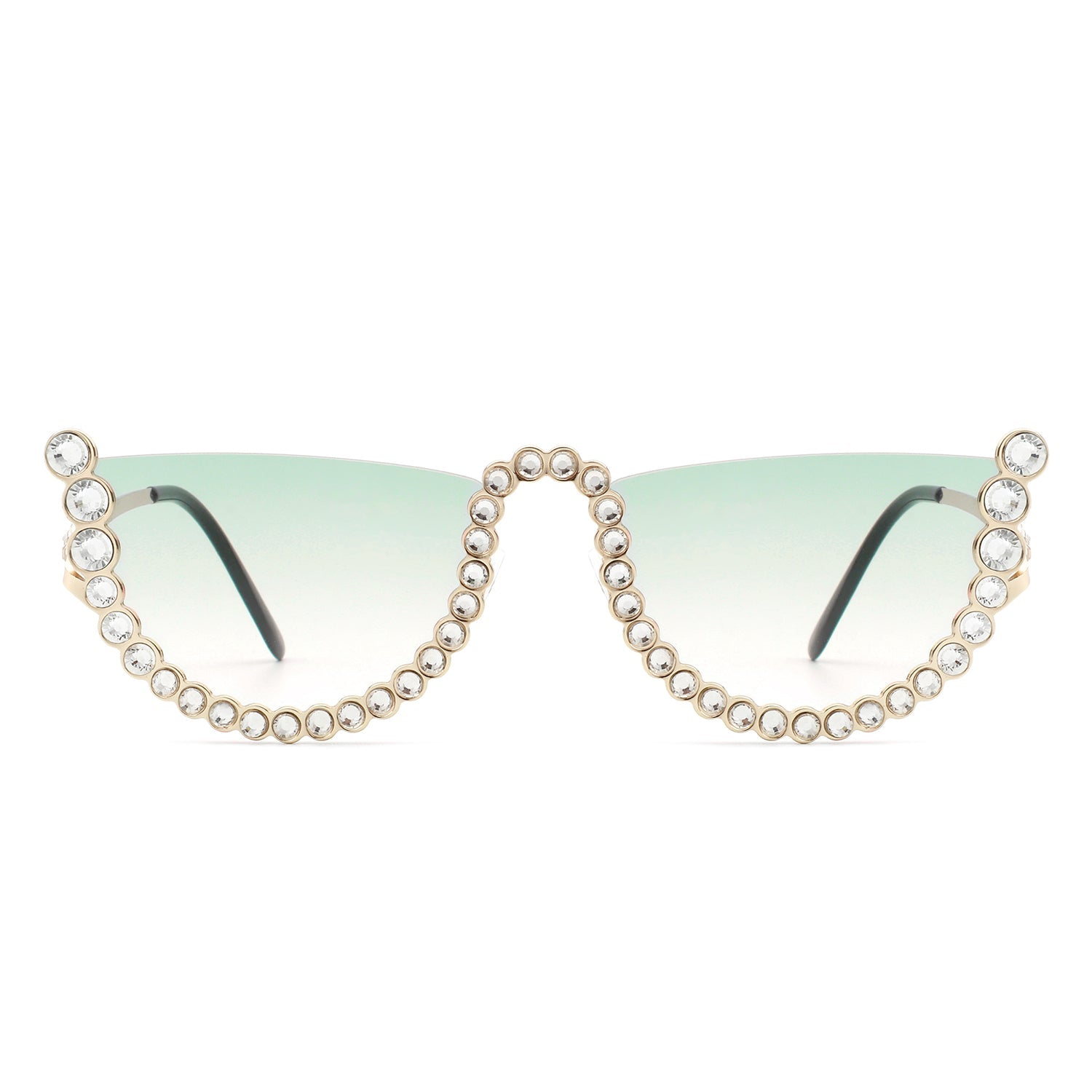 The Florinda Women Half Frame Rhinestone Round Fashion Sunglasses by Cramilo Eyewear feature rhinestones on the frame and temples, available in a golden color.