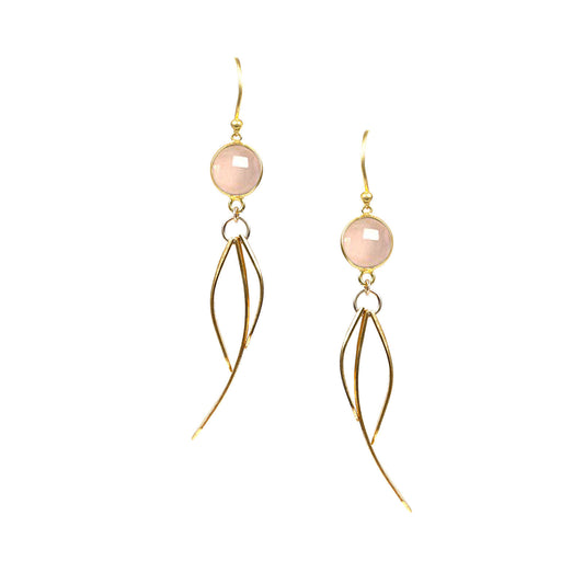 Gena Myint presents Rose Quartz Dangle Earrings featuring pink gemstone studs and delicate elongated wire loops.