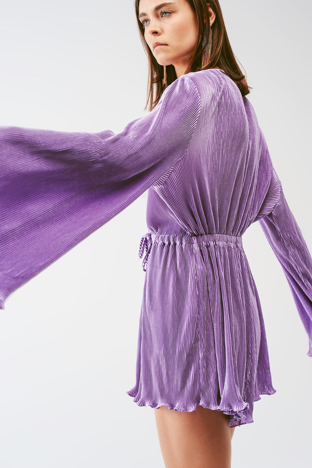 Satin Wrap Deatil Pleated Romper in Lilac